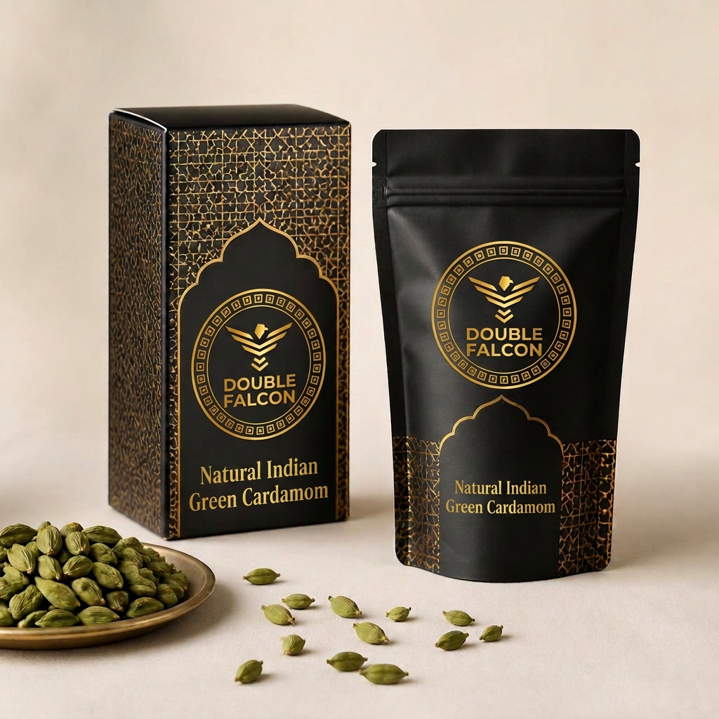 Premium matte black cardamom box and resealable pouch with gold detailing